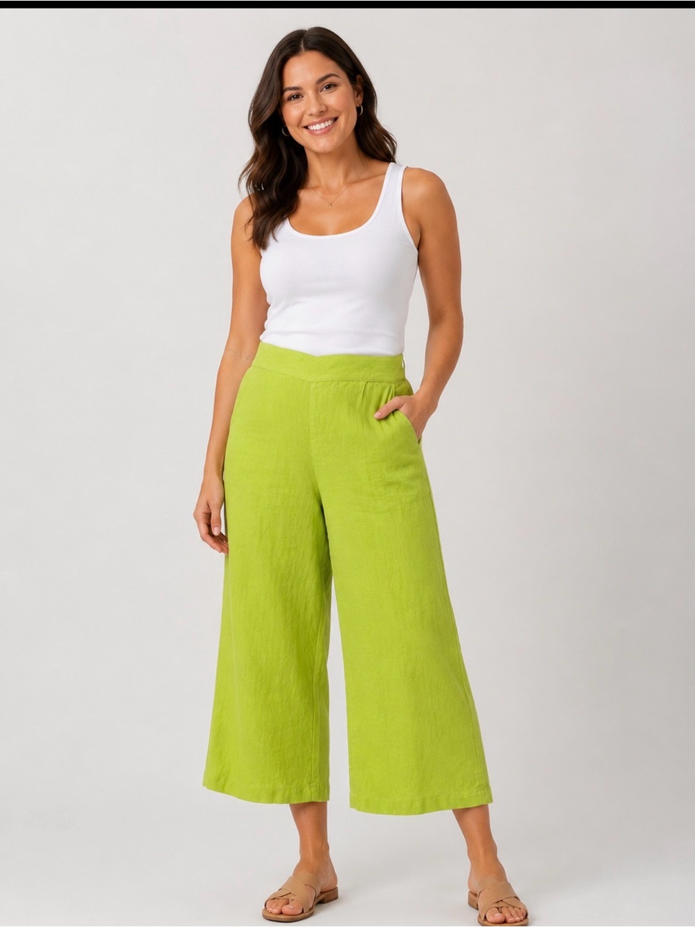 Flax M 100% Lithuanian linen neon green costal lagonlook resortwear crop pant